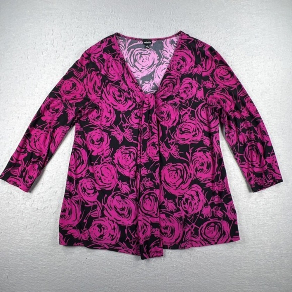 Rafaella Women's Pink Black Floral Blouse Size Large 3/4 sleeve Casual Festive